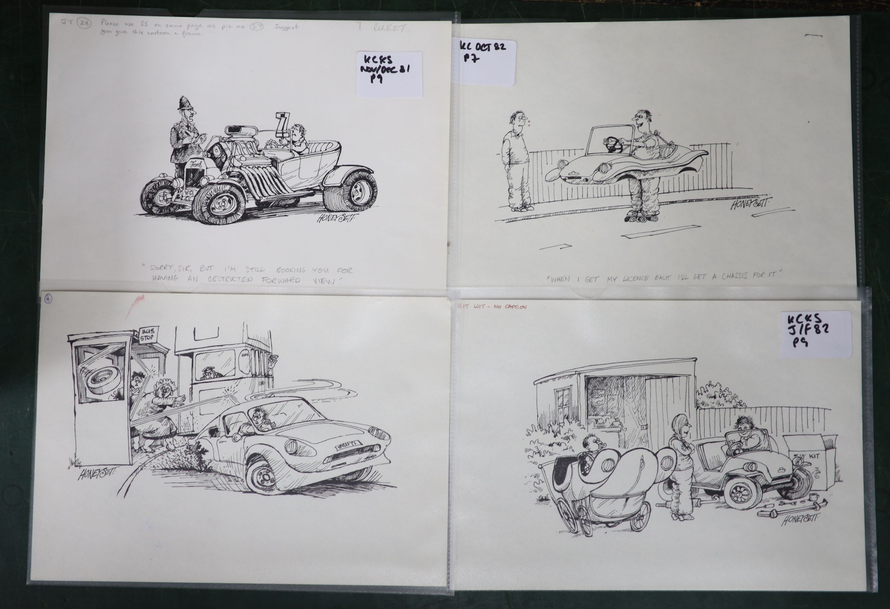 Martin Honeysett (b.1943-), four original cartoons, 'when I get my licence back..' (Kitcars Oct. 82), Kit Wit (Kitcars 1982), obstructed view (Kitcars Nov 82), and loose wheel, signed, 20.5 x 30cm, unframed.